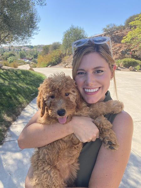 A goldendoodle puppy held by its owner on a hillside near Castaic, CA